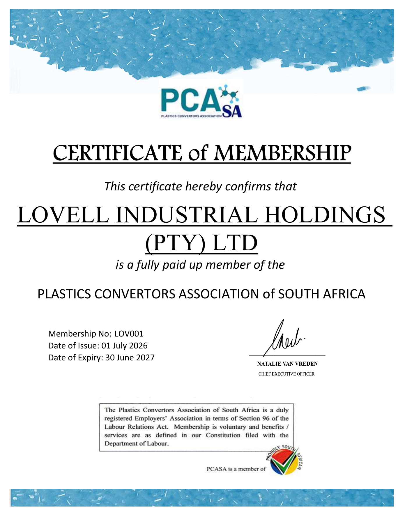 Plastic Converters Association Certificate of Membership 2026/27